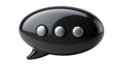 Shiny, black, 3D chat bubble icon with three grey dots inside against black