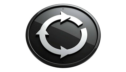 Shiny black circle icon with white three-arrow circular symbol indicating a cyclical process