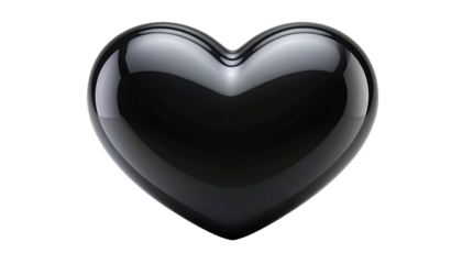 A glossy, black heart, rendered in 3D, stands against a stark, black background