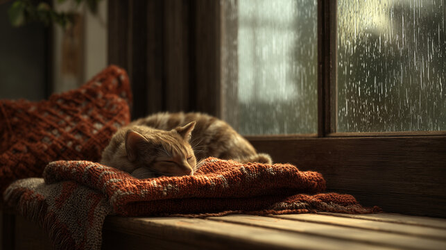 Ginger cat sleeping on cozy pillows by window with rain backdrop  