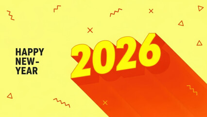 Happy new year greeting card design featuring bold yellow numerals twenty twenty six on bright background with long orange shadow
