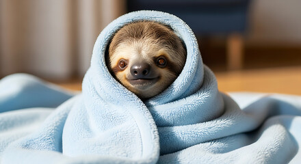 Obraz premium Sloth Wrapped in Soft Blue Blanket.