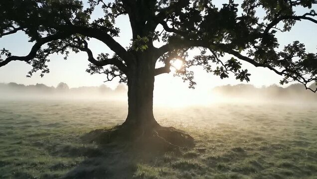 Majestic tree standing alone in a serene misty field at sunrise