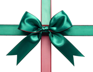 Close-up of a teal bow on intersecting ribbons, red trim, against a black background