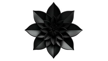 Elegant, symmetrical, stylized flower composed of dark, layered petals against a black backdrop