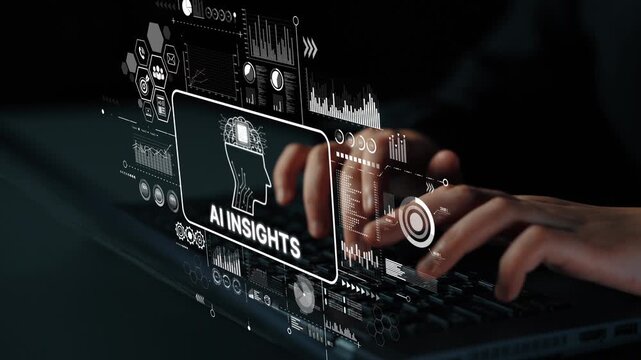 Hands Typing on Laptop with AI Insights Graphic Displaying Data Analytics in a Futuristic Environment. Asymptotic smart data analytic.