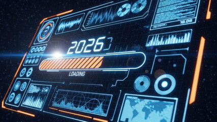 High tech futuristic dashboard interface displaying 2026 loading bar status and data graphs symbolizing technological progress and coming year