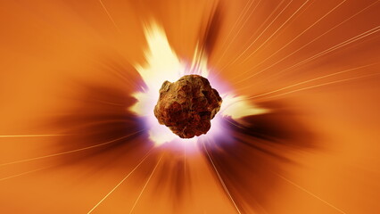meteorite moves through space and collides with a celestial body, creating a burst of energy and light. event takes place in a vibrant cosmic background. 3d render © angel_nt