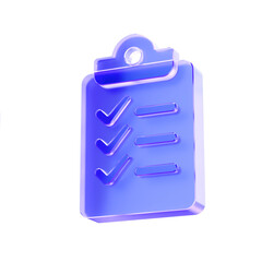 3D Glass clipboard icon, task management and productivity checklist. Transparent liquid Glass design icon, trending glass icon for graphic design, 3d illustration.