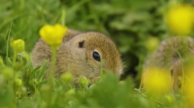 Footage of an adorable European ground squirrel (Spermophilus citellus), also known as the European souslik, peeking out from its burrow and eating grass in a meadow filled with yellow buttercups. The