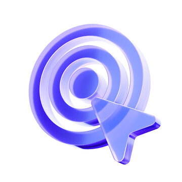 3D Glass target cursor icon, marketing strategy and goal achievement. Transparent liquid Glass design icon, trending glass icon for graphic design, 3d illustration.