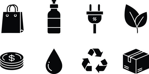 icon, symbol, graphic, design, vector, set, collection, line, pictogram, sign, clipart, illustration, outline, e-commerce, shopping, shop, online, business, delivery, bag, bottle, electric plug, leaf,