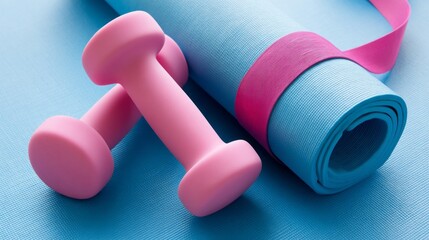 A pair of pink dumbbells sit on a striking blue yoga mat, inviting a sense of motivation to engage in a lively workout. Fitness essentials await improvement and strength