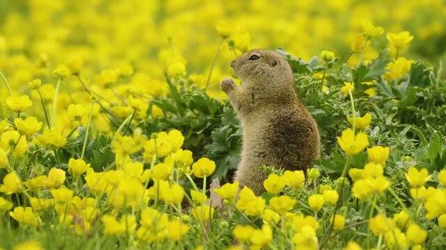 A charming and curious European ground squirrel (Spermophilus citellus) sits upright amidst an explosion of yellow wildflowers in its natural habitat. This adorable furry mammal is captured eating or 
