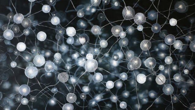 Connected network of illuminated spheres - Powered by Adobe