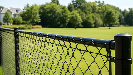 Fototapeta premium Black chain link fence in a suburban backyard providing security and defining property lines with lush green grass and trees in the background