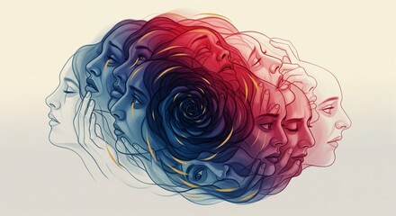 Surreal mental health artwork of layered human faces in circular motion, expressing anxiety, overthinking, emotional overwhelm, calm copyspace.