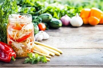 Canned vegetables like cabbage, tomatoes, peppers, and garlic in a jar on the table, surrounded by fresh vegetables and spices, emphasizing homemade preservation and healthy cooking.