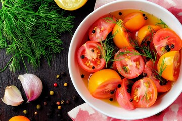 Canned tomatoes in a white plate on a kitchen table with dill, garlic, and pepper, highlighting the concept of homemade preserves and healthy vegan food. top view