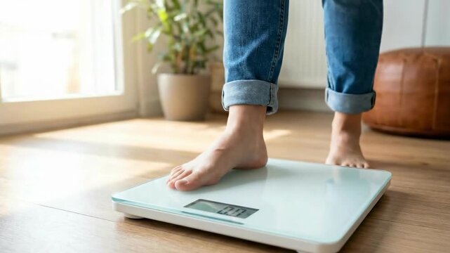 A person stands on a scale, measuring their weight. The digital display shows a weight of 0.0.