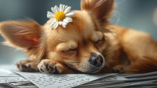 valentine day with pet concept. Cute dog sleeping on papers.