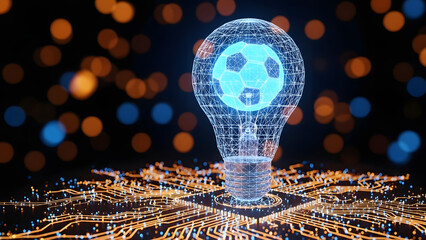 A digital wireframe light bulb containing a soccer ball, glowing on a futuristic circuit board with bokeh lights in the background.