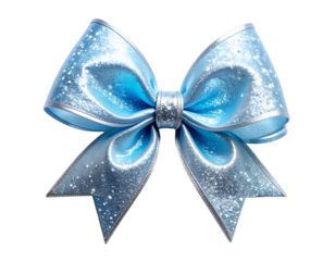 A close-up of a decorative light blue bow with silver trim and glitter sparkles