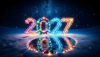 Glowing 2027 numbers illuminate a snowy landscape with falling snowflakes and bright starry night. AI Generated, Generative AI