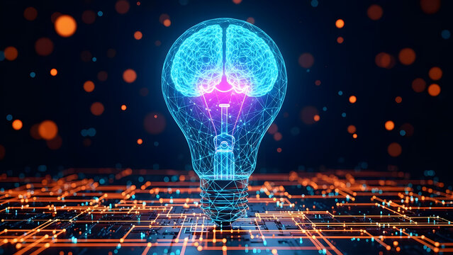A glowing light bulb with a digital brain on a circuit board, symbolizing AI and innovation. - Powered by Adobe