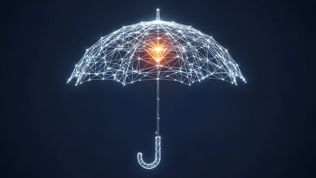 A digital network umbrella protecting a glowing core, symbolizing cybersecurity and data safety.