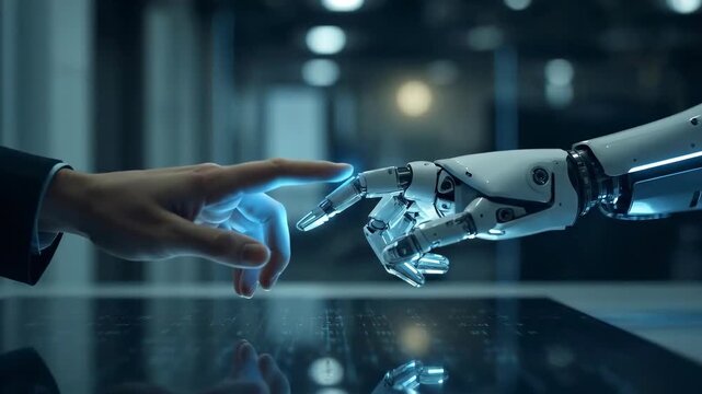 A human hand is touching the finger of a robotic hand. A blue glow emanates from the point of contact.