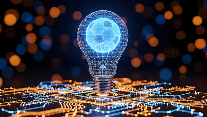 Digital light bulb with soccer ball pattern on a glowing circuit board, representing sports technology and innovation.