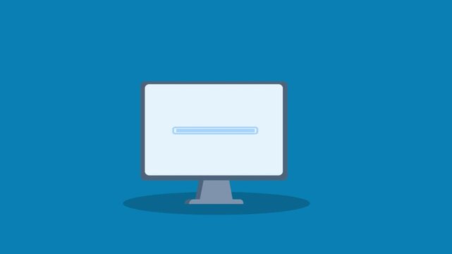 Minimal flat illustration of a desktop monitor showing a loading screen with a progress bar, representing system startup, web loading, software process, and modern digital technology concepts.
