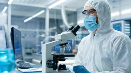 A scientist wearing a protective suit, mask, and goggles is using a microscope in a laboratory. The lab has a sterile environment with equipment and beakers containing blue liquid. - Powered by Adobe
