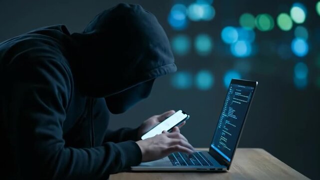 A person in a hooded sweatshirt is using a laptop and a smartphone. The scene suggests computer hacking or illicit online activity.