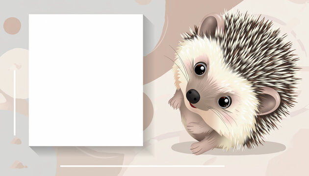 A cute hedgehog peeking out from behind a white card on a soft pastel background illustration