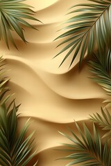 Flat lay of summer sand and palm leaves with soft sunlight and shadows, useful for travel guides, vacation ads, blog banners, or tropical lifestyle visuals.