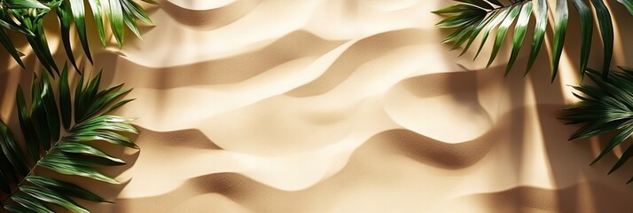 Flat lay of summer sand and palm leaves with soft sunlight and shadows, useful for travel guides, vacation ads, blog banners, or tropical lifestyle visuals.