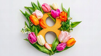 Flat lay number eight formed with tulips and surrounded by vibrant blooms, ideal for Women&rsquo;s Day greetings, springtime campaigns, social media visuals, and festive event promotion