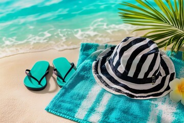 Summer essentials: blue towel, black and white striped hat, and flip-flops on sandy beach near the ocean, perfect for promoting vacation spots, beach holidays, and summer retreats