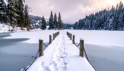 Winter landscape; a snow-covered pier extends across a frozen lake toward a forested island