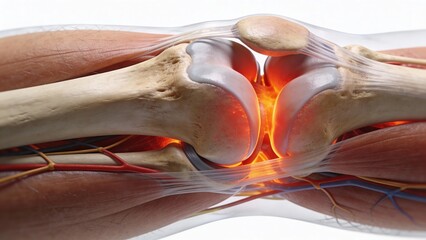 Human knee joint anatomy with inflammation medical illustration