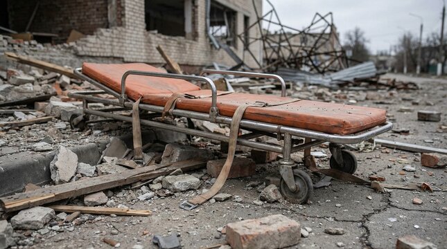 Abandoned stretcher on rubble in destroyed urban environment  