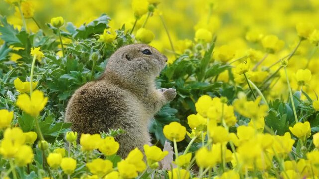 A small, fluffy Gopher, a type of ground squirrel (Spermophilus), sits upright in a vibrant meadow full of yellow flowers in the Caucasus Mountains, possibly eating or looking around. The natural habi