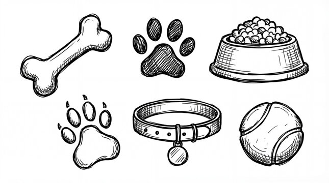 Pet dog supplies hand drawn sketch set. Dog bone, paw print, food bowl, collar, and ball doodle.