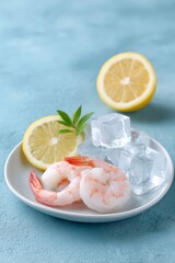 white shrimp on a white plate, close-up of raw shrimp with ice cubes and lemon in the background, clean blue or green kitchen table background, soft lighting, product photography.