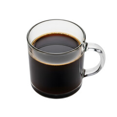 Close-up of clear glass mug filled with black coffee, isolated on white or transparent background, PNG Format.