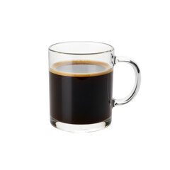 Close-up of clear glass mug filled with black coffee, isolated on white or transparent background, PNG Format.