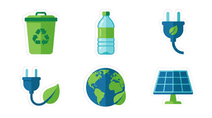 Ecology and recycling flat sticker icons. Recycle bin, plastic bottle, green energy plug, solar panel, and earth.