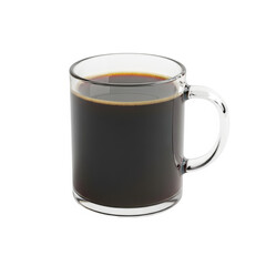 Close-up of clear glass mug filled with black coffee, isolated on white or transparent background, PNG Format.